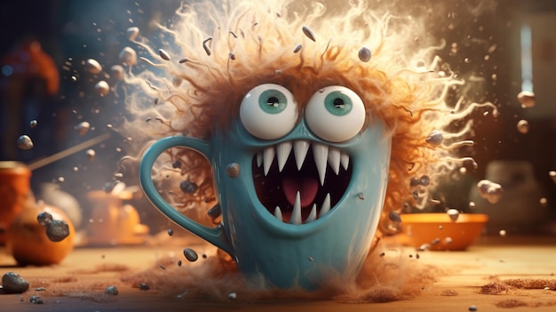 Monstro del caffè con gli occhi pazzi personaggio carino con energia di caffeina molto eccitato