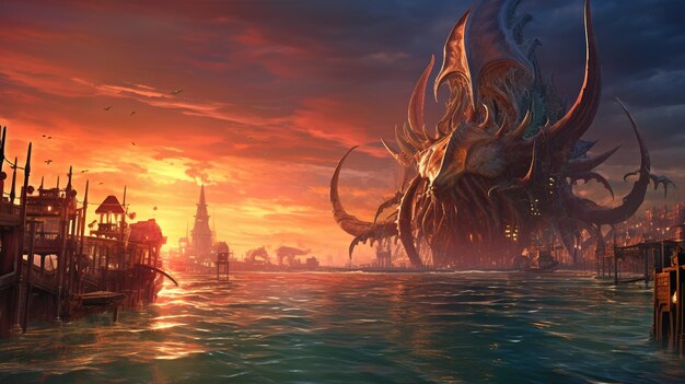 Monstro gigante dal mare che attacca la città sulla costa Concetto di favola spaventoso con Kraken