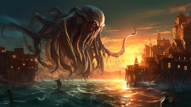 Monstro gigante dal mare che attacca la città sulla costa Concetto di favola spaventoso con Kraken