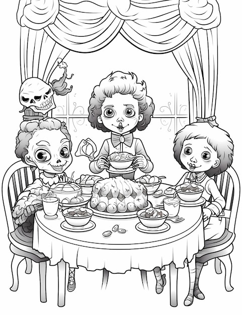 Monstrous Tea Party Fun Pagine da colorare Bambini con Zombie di Halloween dei cartoni animati