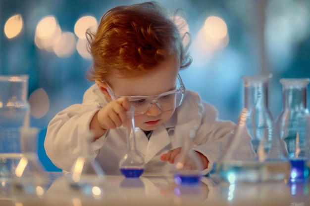 Montage con un adorabile bambino scienziato che esplora nuove e emozionanti ricerche