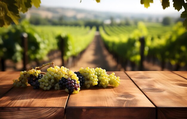 montaggio fotografico di una fattoria di vigneti con tavolo in legno rustico