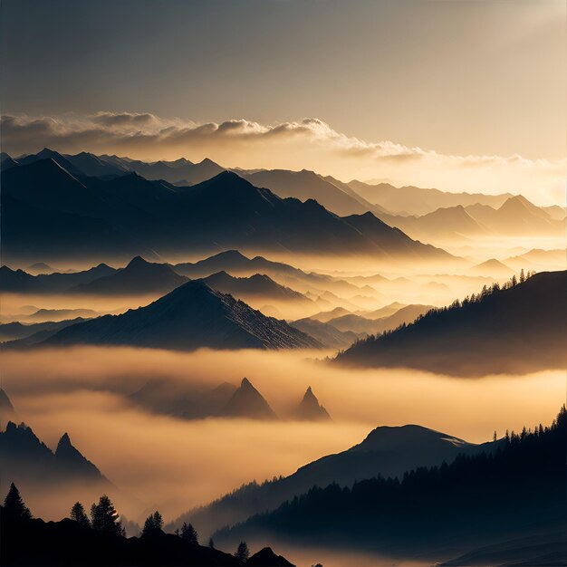 montagna al mattino con atmosfera nebbiosa