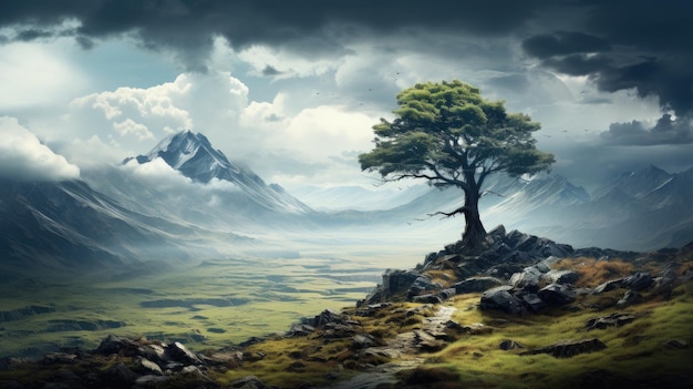 Montagna aspra e spazzata dal vento con uno sfondo di albero solitario creato con la tecnologia Generative AI