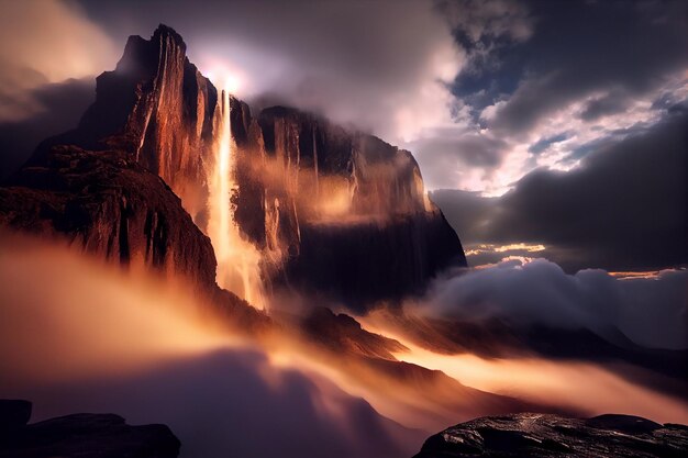 Montagna con una cascata nel mezzo di essa ai generativa