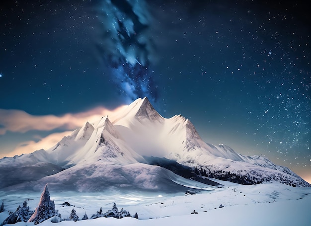 montagna coperta di neve sotto un cielo stellato