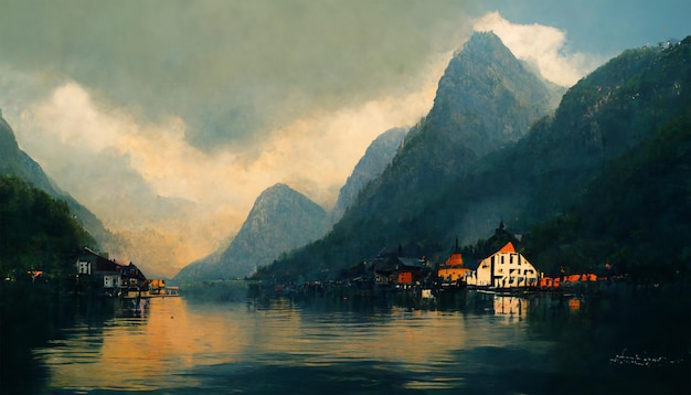 Montagna della casa sul lago di Hallstatt con cielo nuvoloso