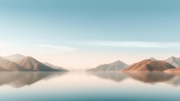 Montagna deserta e lago oasi con luce dell'alba e nebbia nebbiosa Pittoresco