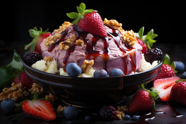 Montagna di acai fresca adornata con frutta e granola croccante generativa IA