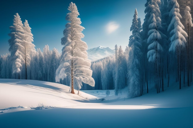 montagna e albero innevati