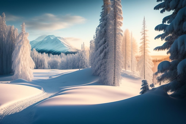 montagna e albero innevati