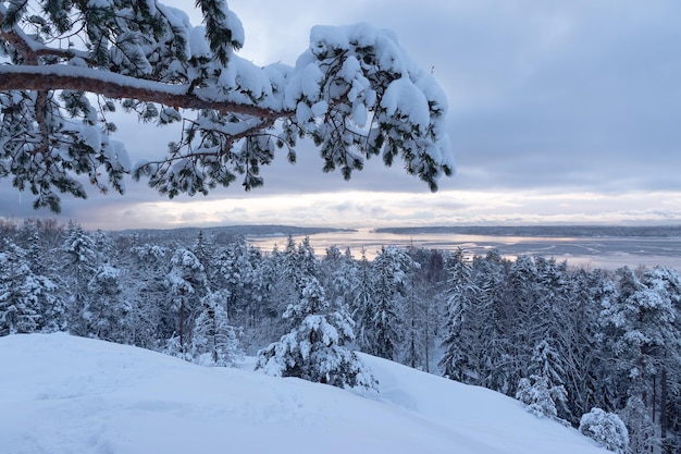 montagna e foresta innevate che si affacciano su un lago ghiacciato