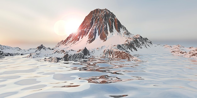 Montagna e mare sfondo superficie dell'acqua e picco di montagna innevate cime 3D
