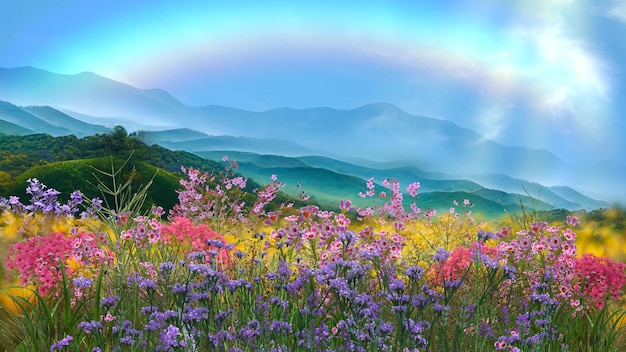 Montagna fiori selvatici cielo blu e nuvole bianche a forma di cuore campo selvaggio arcobaleno sul cielo blu