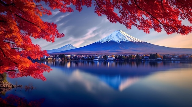 Montagna Fuji e lago al mattino con foglie di stagioni autunnali in giappone