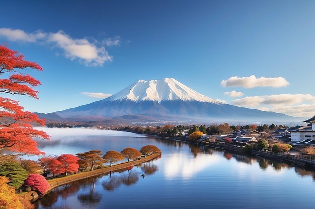 montagna fuji e lago kawaguchiko al mattino stagioni autunnali montagna fuji a yamanachi in giappone