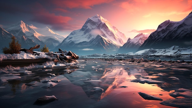 Montagna innevata all'alba con riflessi d'acqua