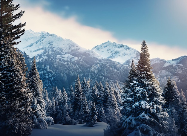 montagna innevata con foresta di pini congelata