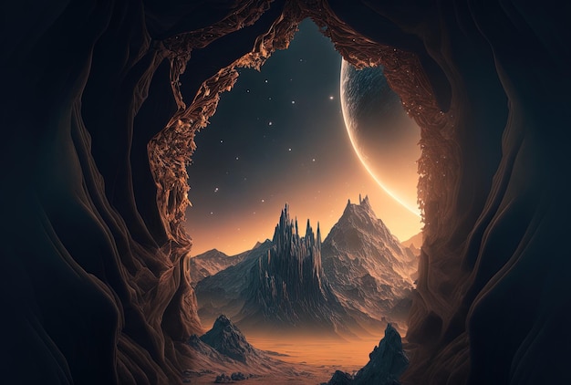 Montagna o superficie di un pianeta extraterrestre con una porta magica