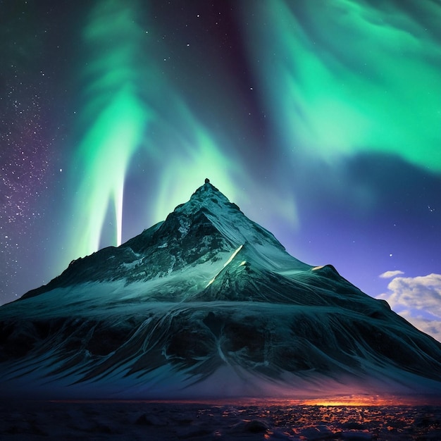 montagna più alta del mondo di notte con l'aurora boreale