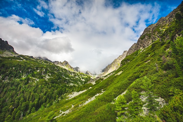 Montagna verde collina contro blu cielo nuvoloso natura paesaggio viaggio sfondo vacanza escursionismo sport