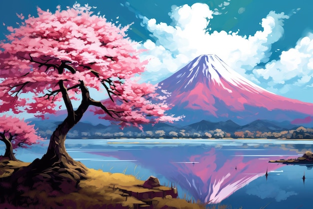 Montagna Vulcano con un albero colorato e un lago di montagna Natura giapponese Ai generativa