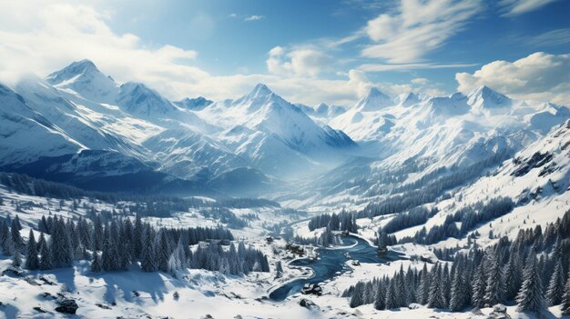 Montagne aeree e alberi coperti di neve