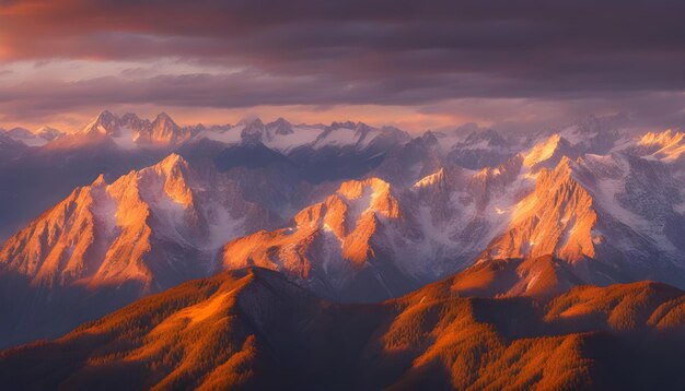 Montagne arancioni serali nella stagione nevosa invernale