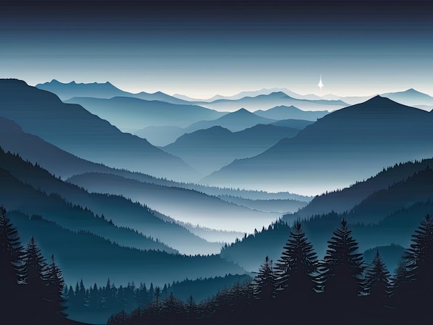 Montagne blu nebbiose con densa foresta sullo sfondo