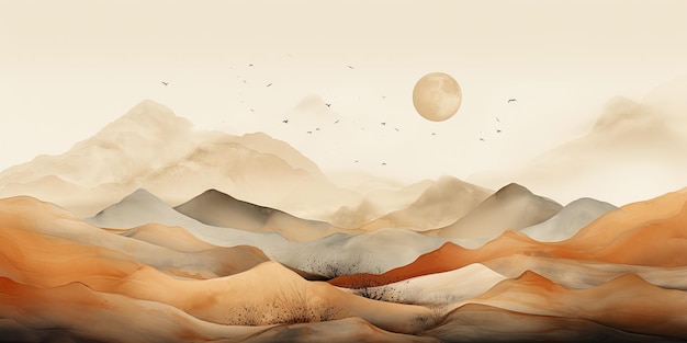 Montagne, colline, sole, luna, paesaggio, disegno astratto, illustrazione, arte murale, stile minimalista scandinavo