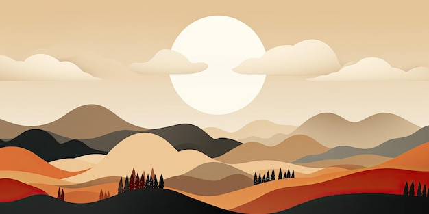 Montagne colline sole luna paesaggio illustrazione arte murale scandinava minimo toni caldi della terra colore