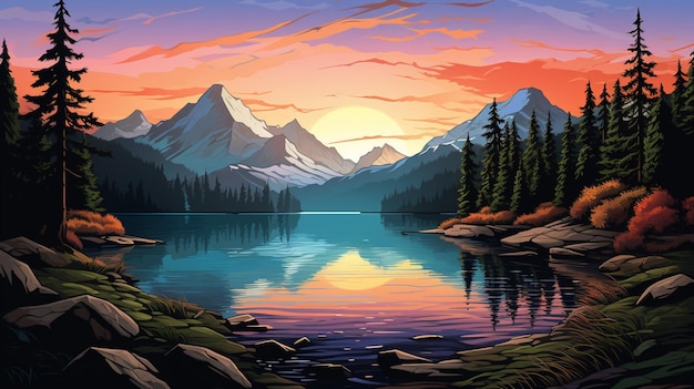 Montagne con bellissimo lago e alberi vettore
