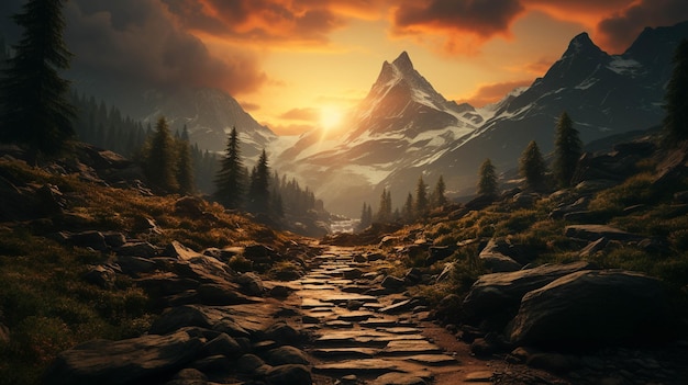 montagne con l'immagine fotografica dello sfondo HD del tramonto