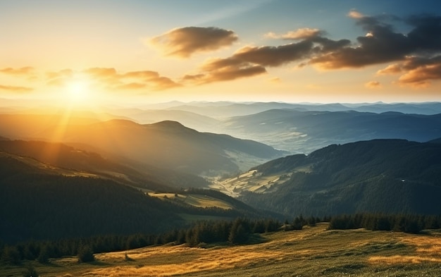 montagne con un campo erboso e alcuni alberi in primo piano ai generativi