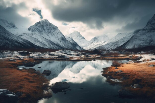 montagne con un lago e alcune rocce in primo piano ai generativi