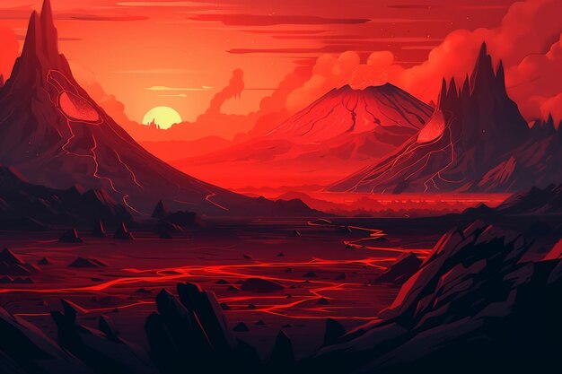 Montagne con un tramonto rosso sullo sfondo ai generativo