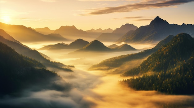 montagne con una valle nebbiosa sottostante e un sole che tramonta generativo ai