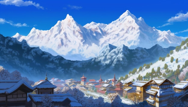 Montagne coperte di neve e case sullo sfondo