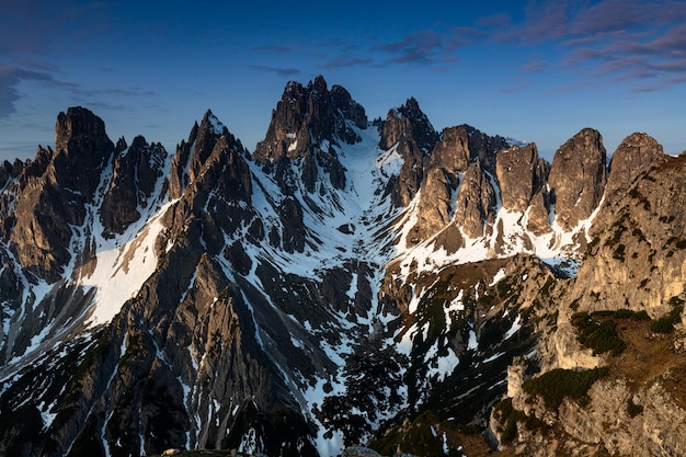 Montagne coperte di neve spiccano nel sole tardo vicino ad un po'di erba