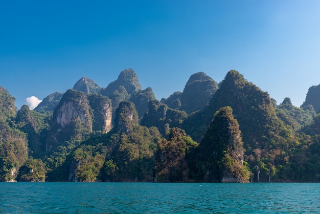 Montagne del calcare con gli alberi nel mare in Tailandia