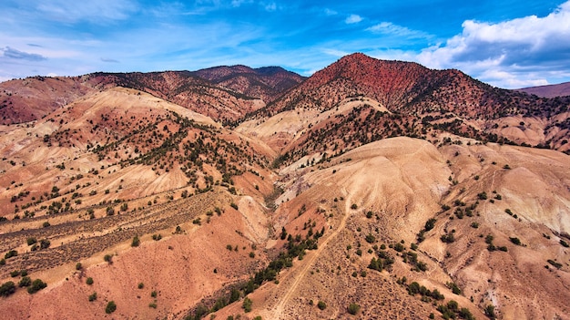 Montagne del deserto con cespugli verdi e strati di sabbia rossa e gialla