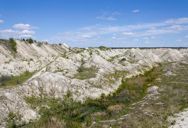 Montagne di minerale di gesso lavorato ricoperte di giovani piante verdi sullo sfondo di attrezzature speciali