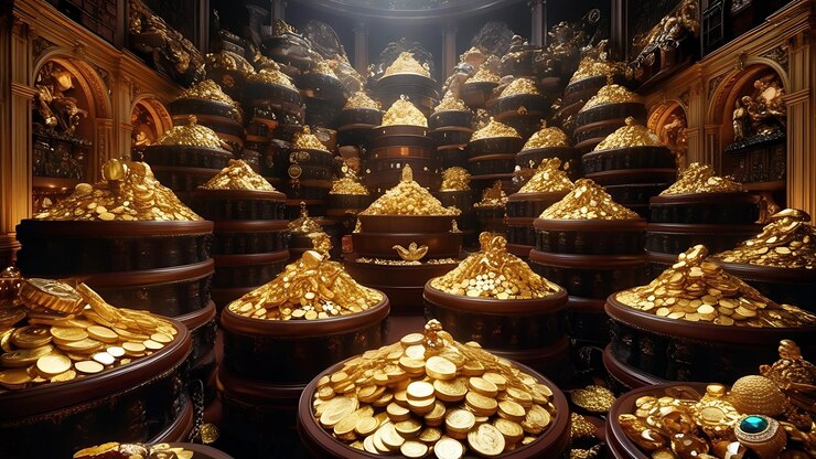 Montagne di monete d'oro e tesori