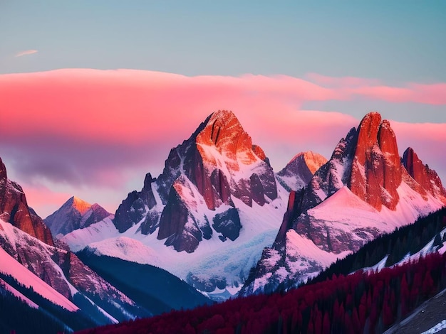 Montagne di paesaggio rosato nuvoloso con il concetto dell'illustrazione della foresta