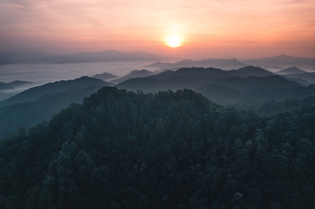 Montagne e alba al mattino e nebbia