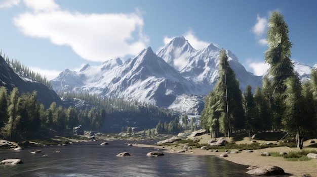 Montagne e alberi sono sullo sfondo di un fiume generativo ai