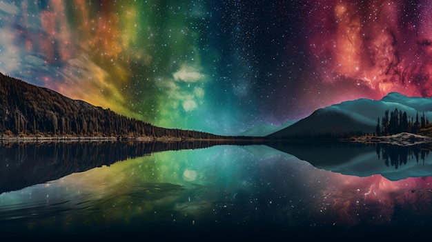 Montagne e cieli colorati riflessi nell'acqua Uno sfondo cosmico e colorato in 4K