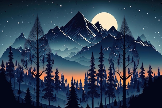 Montagne e foreste nella scena notturna dell'inverno