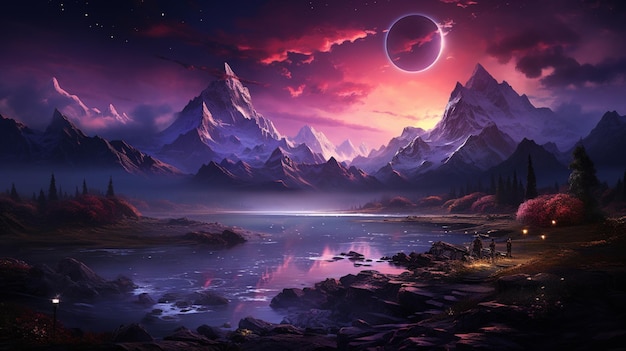 montagne e un lago con una luna nel cielo generativo ai