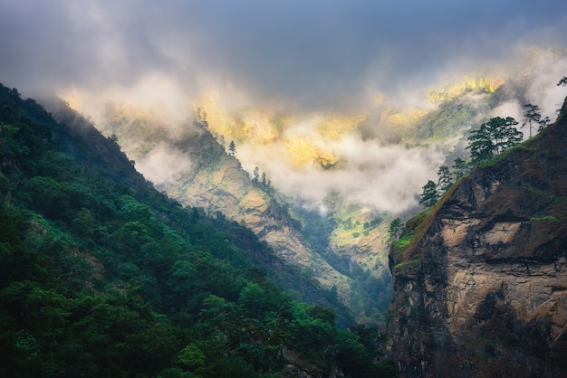 Montagne in nuvole basse in serata nuvolosa in Nepal. Paesaggio lunatico con bellissime rocce alte e cielo nuvoloso drammatico, luce solare, foresta verde nella nebbia al tramonto. Sfondo della natura. montagne himalayane